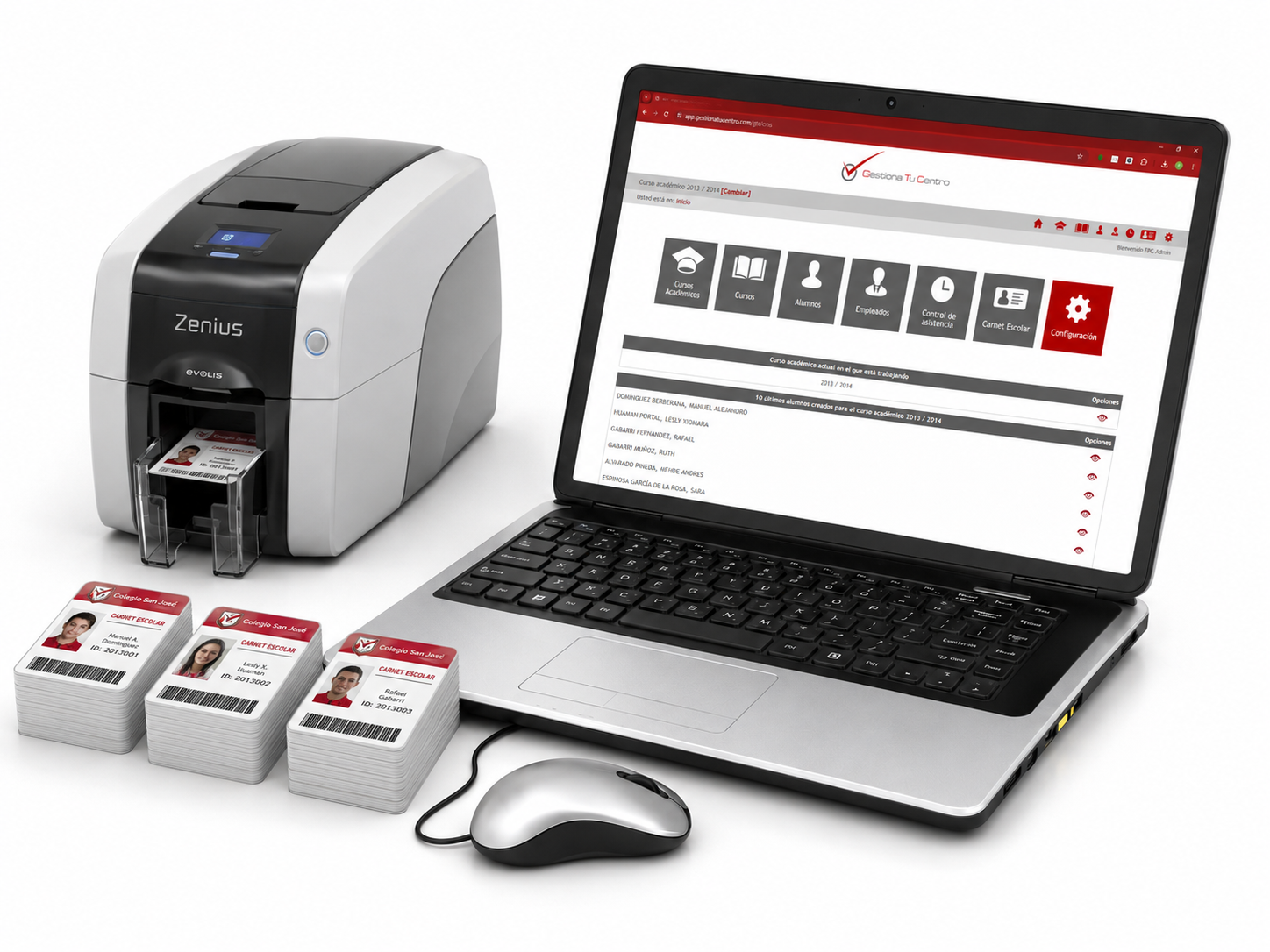 Portátil con el módulo de carnet escolar Acuña abierto, junto a una impresora Evolis Zenius y carnets impresos del Colegio San José