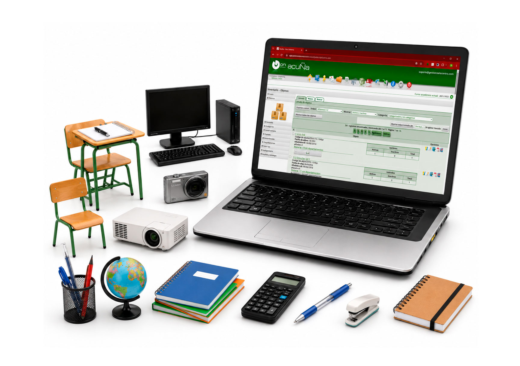 Portátil con el módulo de inventario Acuña abierto, rodeado de material escolar: monitor, proyector, cámara, calculadora, mesa y silla escolar, globo terráqueo y libretas